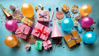 Obraz premium colorful birthday party banner filled with colorful balloons gifts party hats and ribbons decorated with candies and confetti to add fun