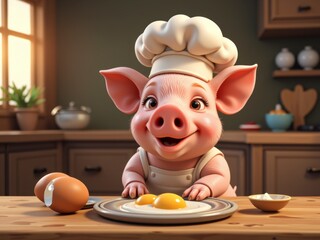 Adorable Cartoon Pig Chef Cooking Sunny Side Up Eggs in Kitchen