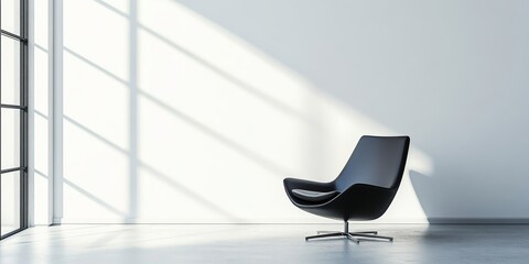 A stylish black armchair in a minimalist room with sunlight casting shadows on a white wall, creating a serene and modern atmosphere.