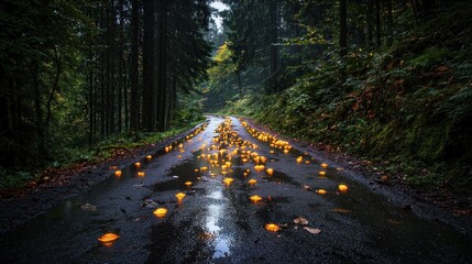 Obraz premium Enchanted Forest Road: A Mystical Journey Through a Dark Forest