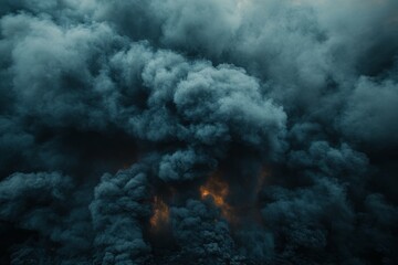 Fototapeta premium Smoke billows from a large fire with glowing embers illuminating the dark clouds at dusk