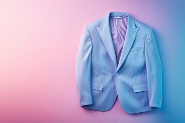 A blue jacket is laying on a pink background. The jacket is open and the collar is visible