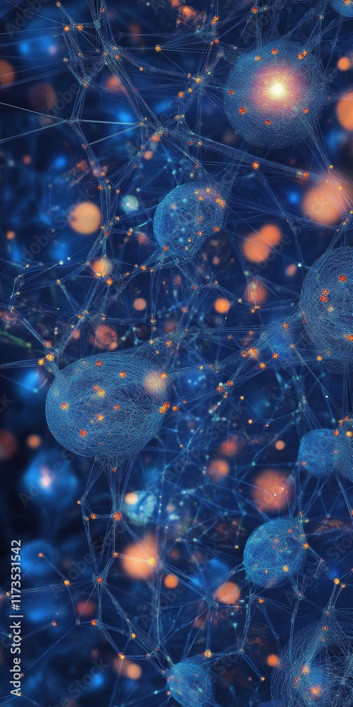 Poster abstract digital network visualization with nodes and connections on blue background for data analys