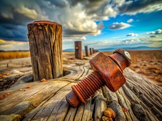 Rusty Bolts in Weathered Landscape - Grunge Texture Stock Photo