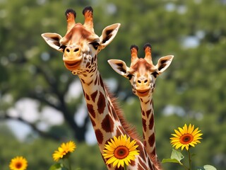 Obraz premium A cheerful giraffe basking in the sun with a smile on its face, surrounded by vibrant yellow sunflowers, wild, nature, tall