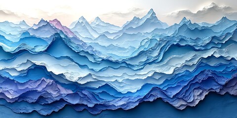 Obraz premium Layered blue paper mountains, artistic representation of a mountain range at sunrise.