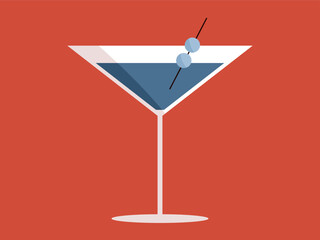Blue cocktail in a glass on a red background. Alcoholic drinks. Vector illustration