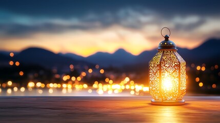 Illuminated lantern on wooden surface at sunset, overlooking city lights and mountains.