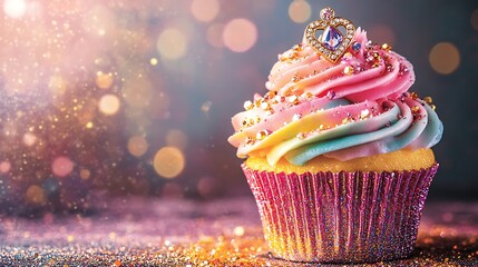 A colorful cupcake with swirling frosting topped with diamondshaped earrings and sparkling glitter