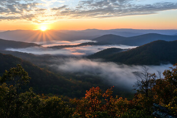 Glorious sunrise over misty mountains, with sun rays breaking through the clouds, illuminating layers of hills and a verdant forest.