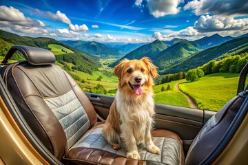 Safe & Cozy Pet Car Travel: Adorable Dog in Car Seat Cover, Scenic Landscape Background