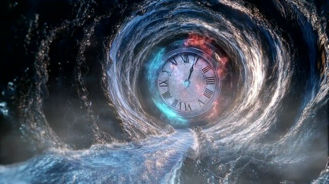 Time vortex with a glowing clock in a swirling cosmic tunnel. Seamless looping video background