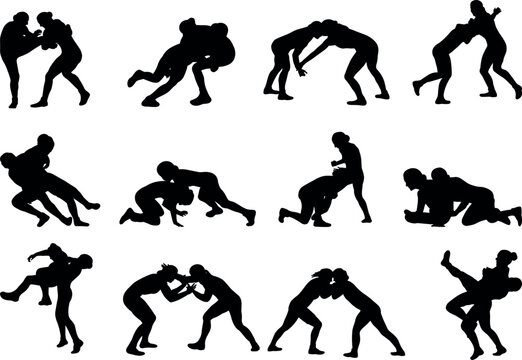Women's Wrestling sport silhouettes vector illustration set