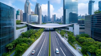 Fototapeta premium Asphalt highway and modern city skyline with buildings in Shenzhen China Urban road background