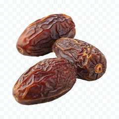 abstract 3d semi-dried dates or date palm fruits lie on palm leaves isolated on white background


