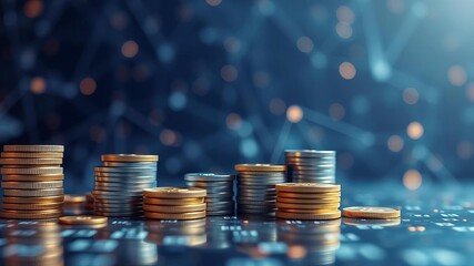 A close-up shot of a stack of bitcoin coins in a cryptocurrency group setting, symbolizing digital wealth and security, group, crypto, investment