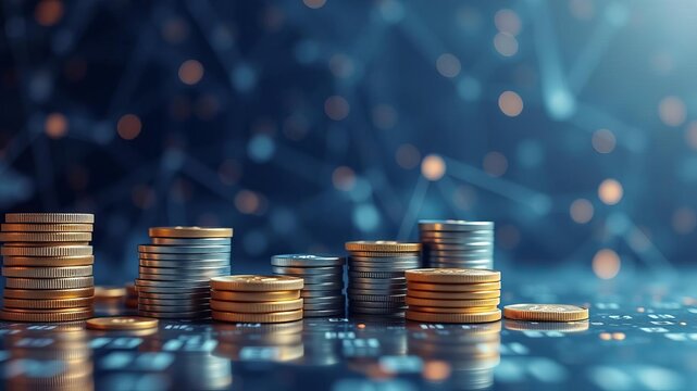 A close-up shot of a stack of bitcoin coins in a cryptocurrency group setting, symbolizing digital wealth and security, group, crypto, investment