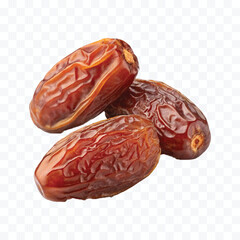 abstract 3d semi-dried dates or date palm fruits lie on palm leaves isolated on white background

