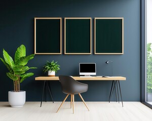 Artistic office space with customdesigned wooden furniture and a gallery of inspirational art, smart and charming concept