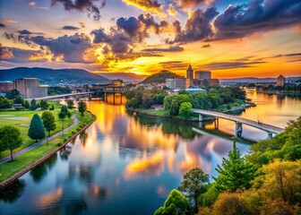 Fototapeta premium Scenic Chattanooga Riverfront at Sunset, Tennessee River, Downtown Skyline