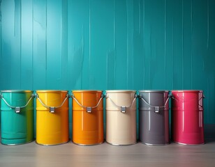 brightly colored paint buckets against a vibrant turquoise wall in a modern space generative ai
