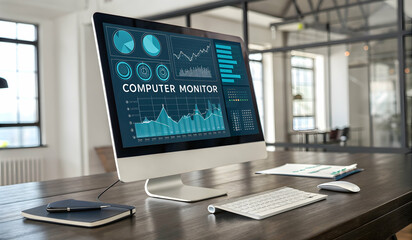 Fototapeta premium Modern Computer Monitor Displaying Business Data Analytics in Office Environment