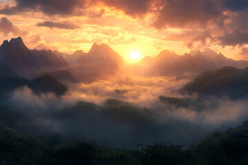 Obraz premium Ethereal sunrise illuminates a breathtaking mountainous landscape, with mist rolling over lush green valleys under a fiery sky.