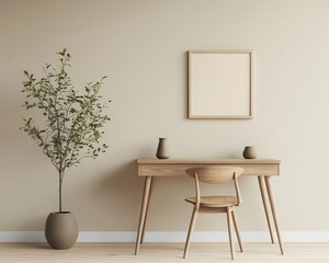 Zeninspired office with minimalist wooden furniture, Japanese design elements, and soothing decor, smart and charming concept