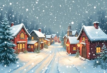 Fototapeta premium Gentle Watercolor Snowflakes in Winter Village