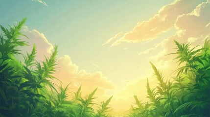 Naklejka premium Lush green cannabis plants under a bright, partly cloudy sky at sunset.