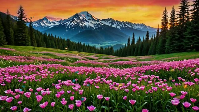 Beautiful blooming pink flowers in mountain meadow with sunset. seamless looping 4k time-lapse animation video background