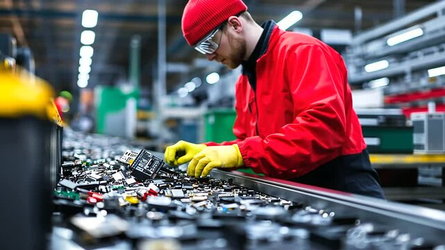 A worker sorting discarded electronics on a conveyor belt, with labeled bins for metals, plastics, and reusable parts lined up nearby