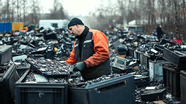 An industrial disposal site with rows of bins overflowing with electronics, as a worker uses tools to extract valuable parts from a discarded desktop computer