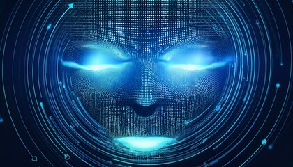 abstract binary code face outliine interface on dark blue background machine learning and ai concept 3d rendering