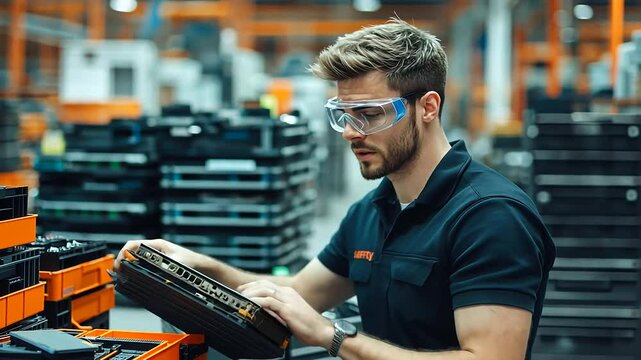 A worker in protective eyewear inspects a pile of old tablets and gadgets, with stacks of neatly sorted electronic components in the background