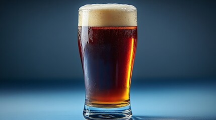 Dark beer glass, studio shot, blue background, beverage.