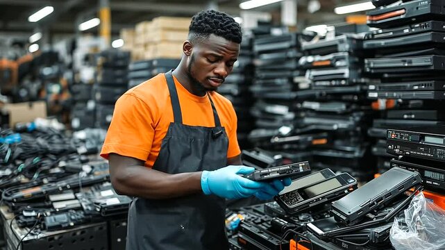 A worker in an industrial apron sorts discarded smartphones, with a background of old gaming consoles, DVD players, and tangled cords stacked high