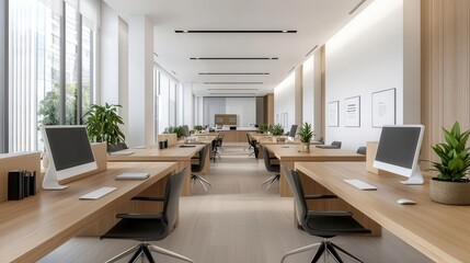 Shared workspace with minimalist wooden desks, clean decor, and cuttingedge smart collaboration tools, smart and charming concept