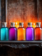 Colorful potions in glass bottles
