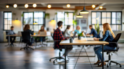 Startup teamwork, blurred people silhouettes working in a luminous workplace, modern office room with greenery and warm light