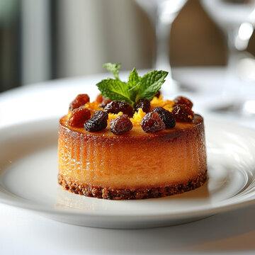Mini cheesecake with raisins, mint, restaurant, blurred background