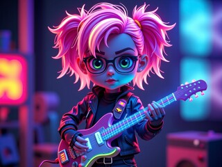 Naklejka premium Cyberpunk Style Girl Playing Electric Guitar Neon Lights 3D Render Digital Art