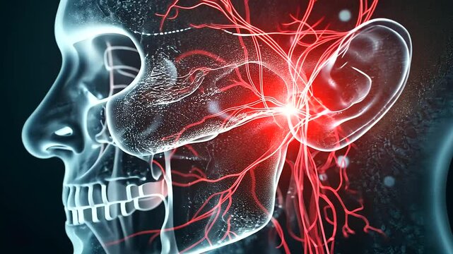 A D medical illustration of the trigeminal nerve branching across the face, with a red glowing area highlighting pain near the jaw and cheek, accompanied by text explaining trigem