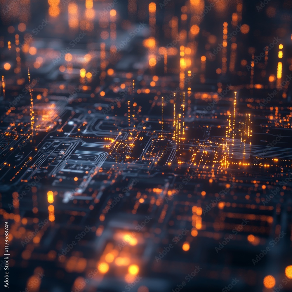 Poster a captivating futuristic digital landscape showcasing glowing data points and intricate circuit patt