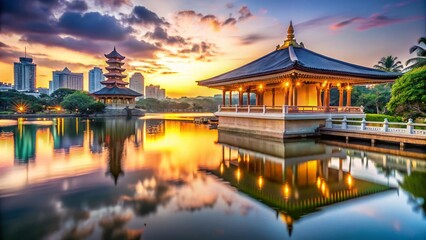 Obraz premium Serene Colombo Temple on Lake: Seema Malaka's Peaceful Dawn