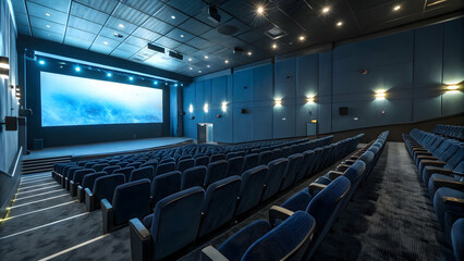 Naklejka premium Empty movie theater with glowing blue screen and detailed cinematic textures