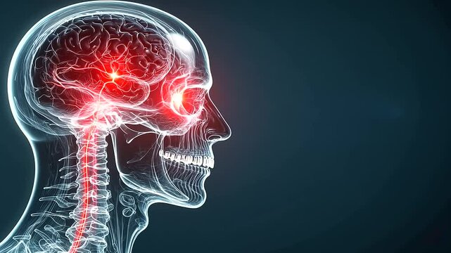 A cross-sectional view of the head displaying the trigeminal nerve's three major branches, with a red pulsating region indicating pain on one side and informative text panels about