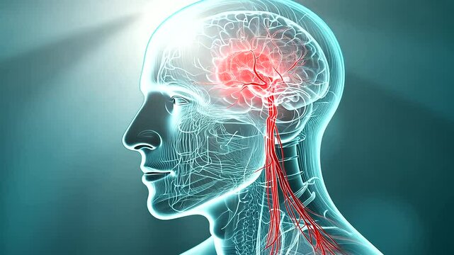 A detailed rendering of the head with the trigeminal nerve branching visibly, a painful area highlighted in red, and descriptive labels discussing neuralgia triggers and remedies