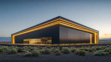Obraz premium Modern illuminated warehouse at desert sunset. Industrial building exterior, potential storage/distribution center