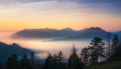 a serene landscape showcases misty mountains at sunrise with soft pastel colors and a silhouette of trees perfect for nature related projects meditation themes or travel promotions